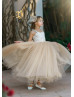 Beaded Straps Ivory Lace Champagne Tulle V Back Flower Girl Dress